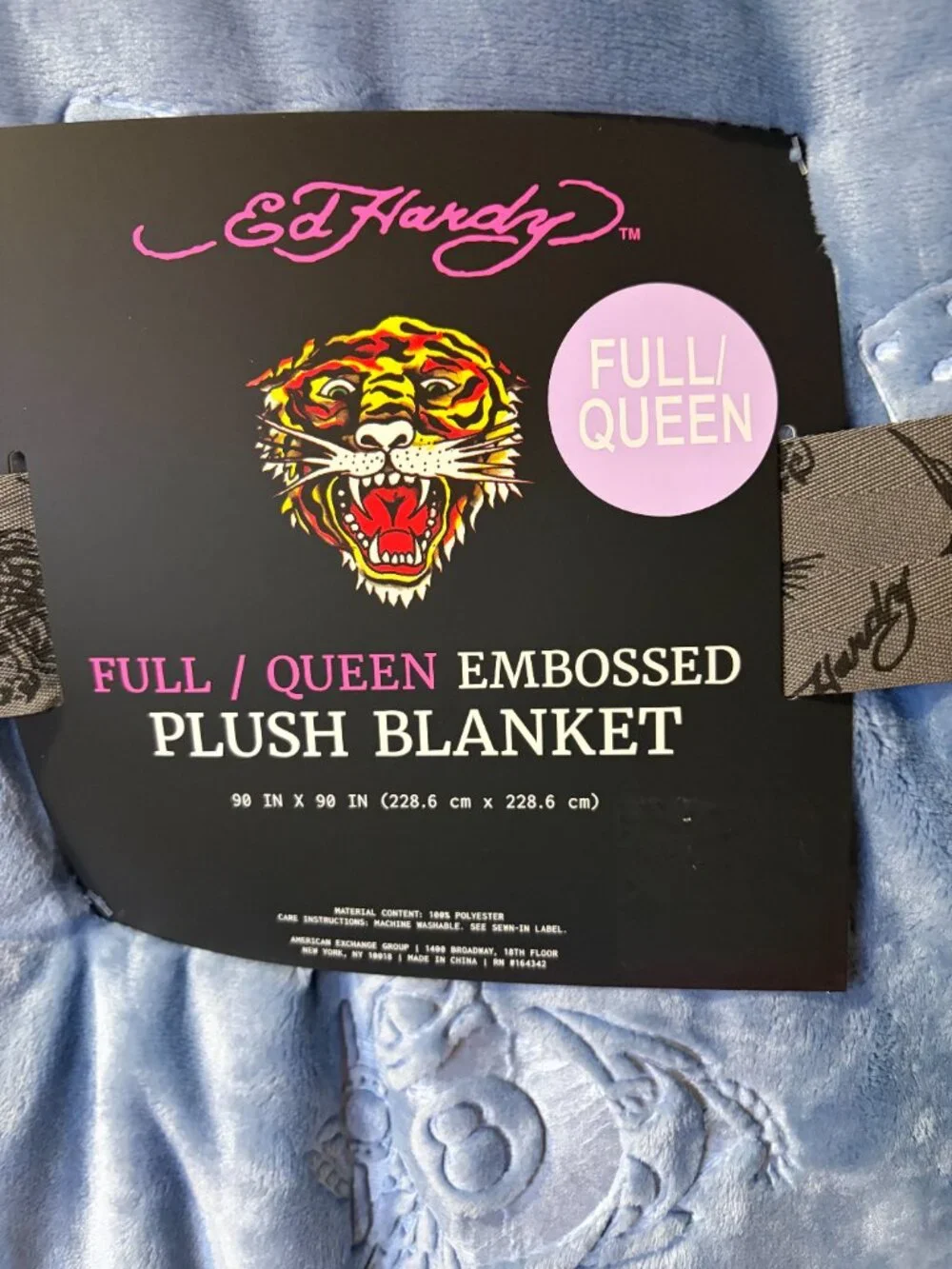 Ed Hardy Blue Embossed Plush Blanket Full Queen 90x90 NWT Y2K